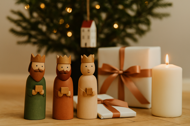 Três reis magos debaixo de uma árvore com uma casa pendurada