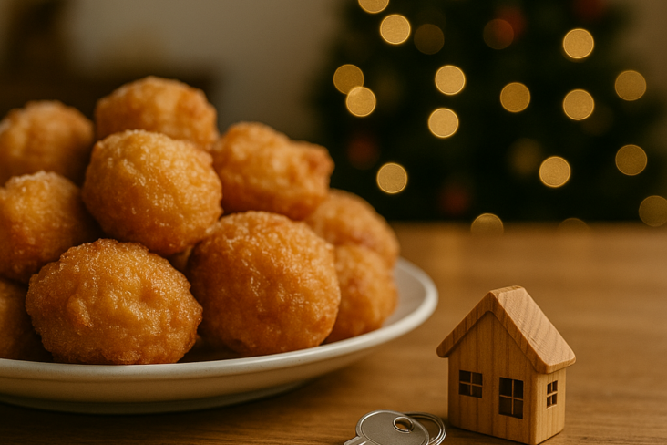 Mesa com sonhos de natal, chaves de casa e uma casa em miniatura com uma árvore de natal no fundo