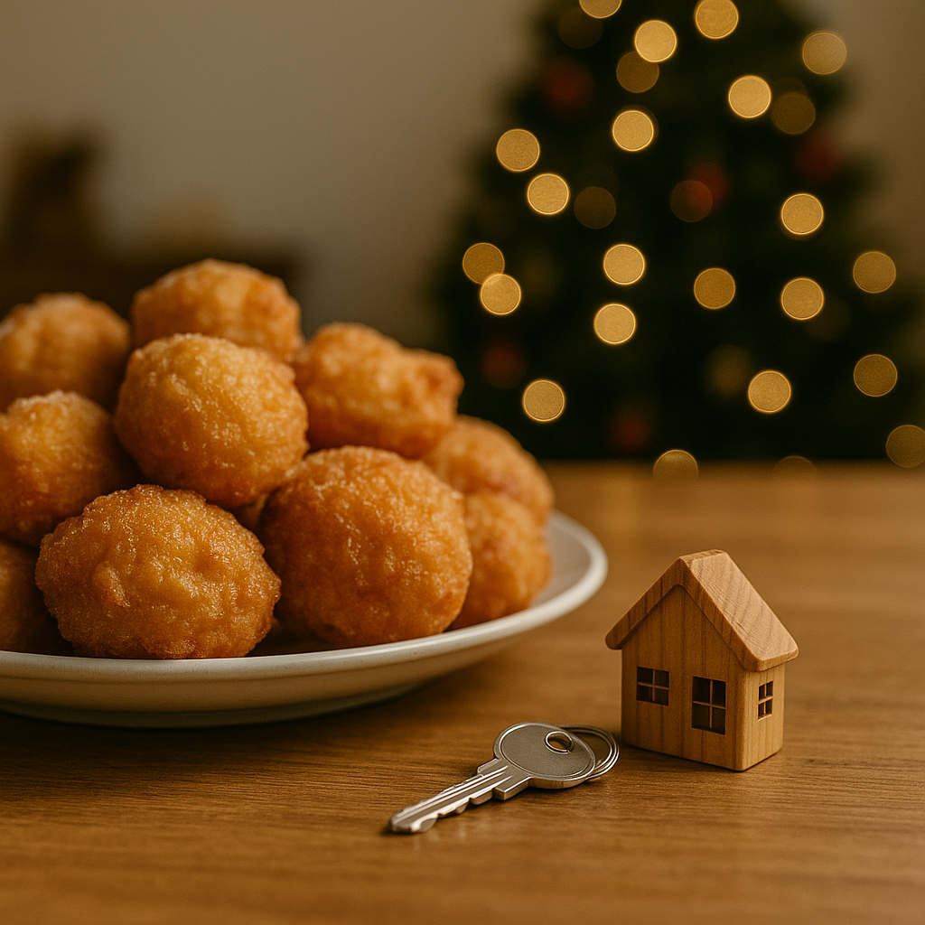 Mesa com sonhos de natal, chaves de casa e uma casa em miniatura com uma árvore de natal no fundo