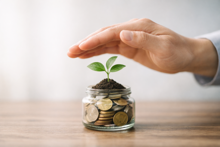 Pote com dinheiro com uma planta no topo, que representa o crescimento das poupanças e uma mão a proteger, que simboliza a proteção do PPR