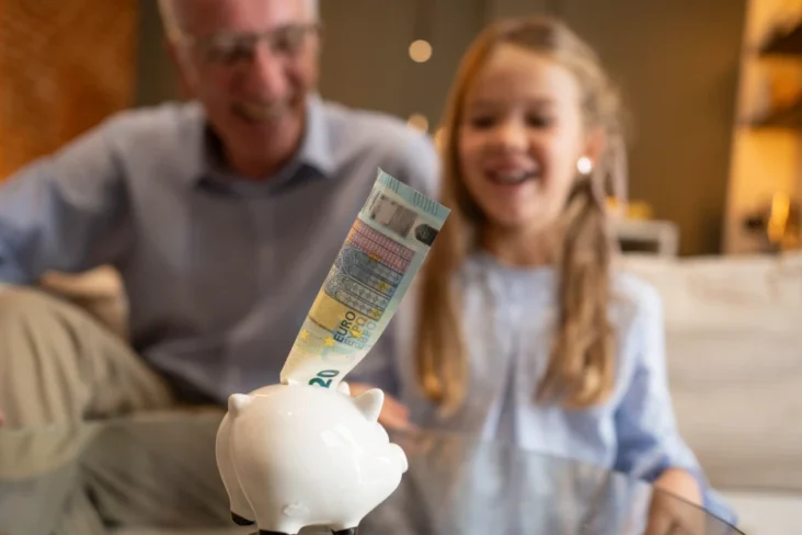 Imagem de uma familía a poupar dinheiro no mealheiro