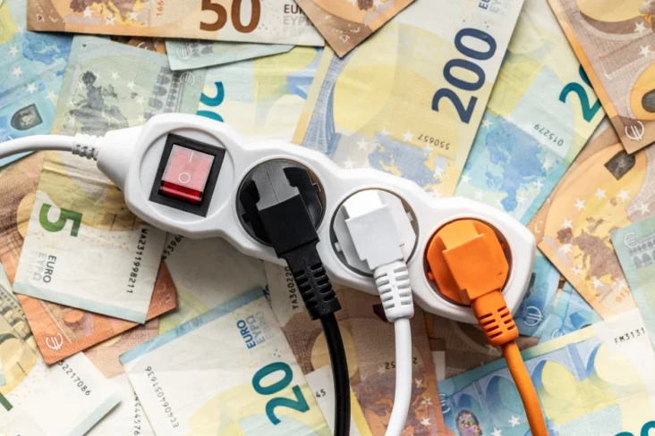 Imagem de uma tomada extensível sobre várias notas de euro