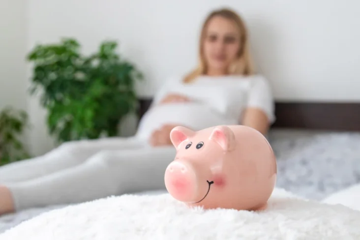 Imagem de uma mulher grávida com um porquinho mealheiro