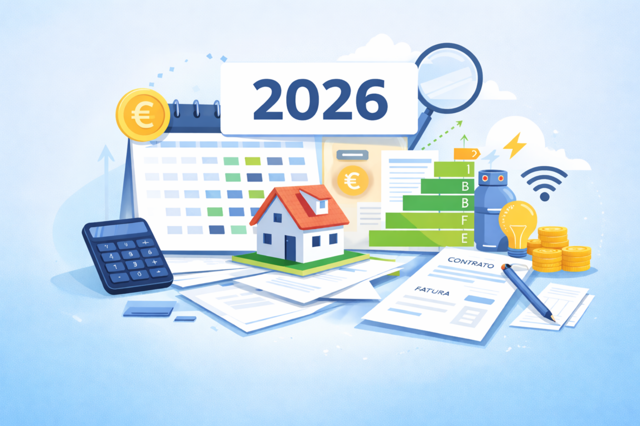 Imagem com vários serviços onde é possível poupar em 2026, desde o crédito habitação, seguros, contratos