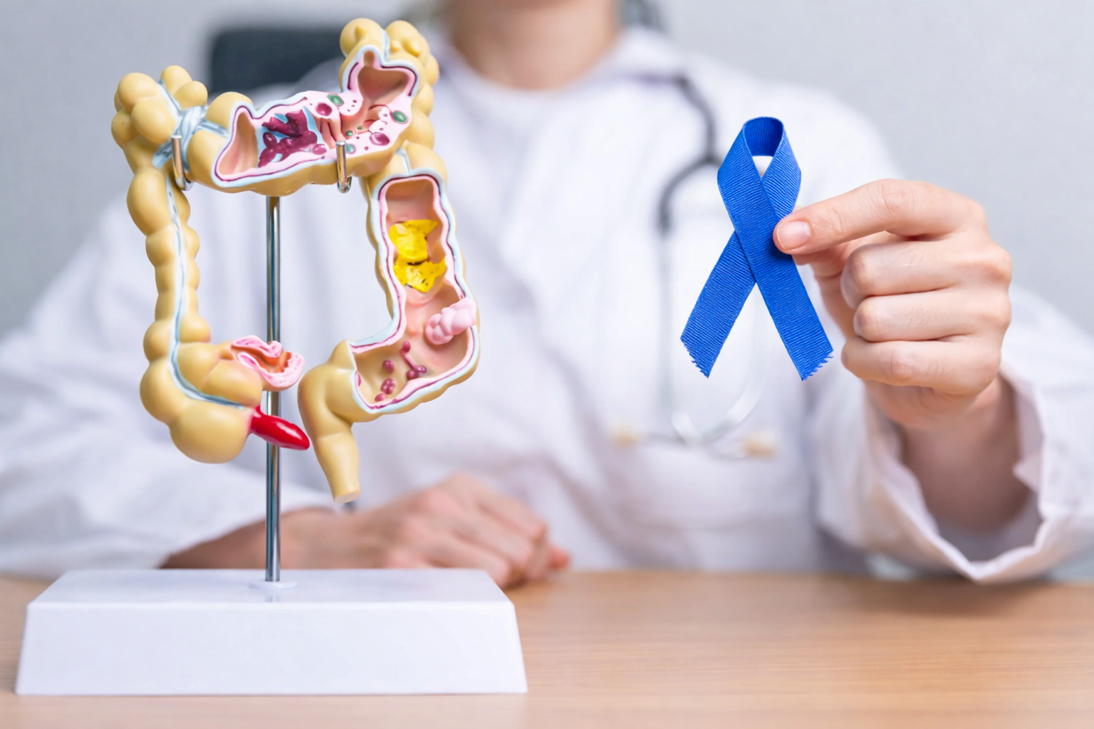 A sua saúde não pode esperar: Um aliado essencial na prevenção do cancro colorretal Modelo anatómico do cólon humano ao lado de um laço azul de sensibilização para o cancro do cólon e reto, segurado por um profissional de saúde.