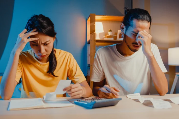 Imagem de um casal frustrado por não conseguir pagar as contas