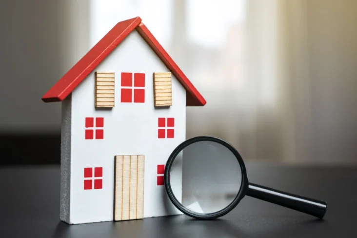 Imagem de um modelo de uma casa térrea com uma lupa ao lado