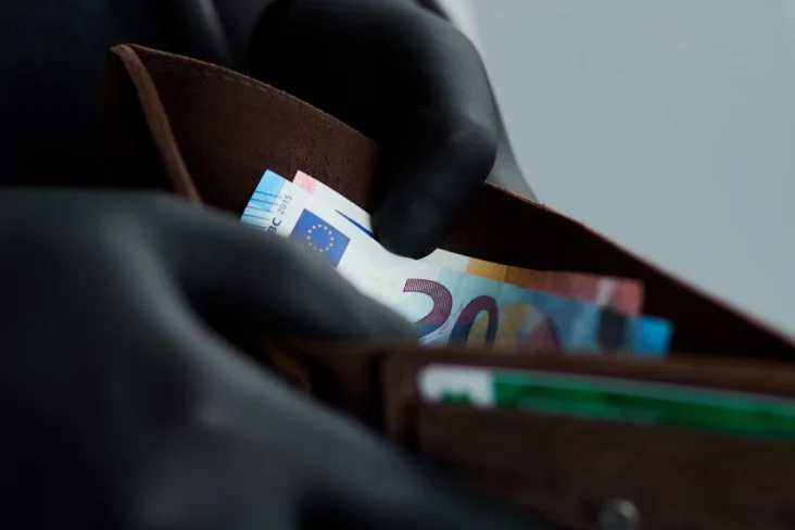 Imagem de um ladrão, de luvas pretas de latex, a retirar dinheiro de uma carteira