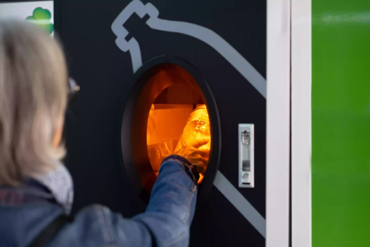 Mulher a colocar garrafa de plástico em máquina de recolha automática