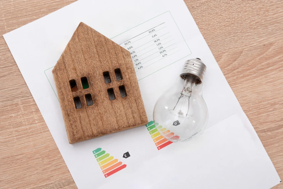 Como a eficiência energética influencia o valor dos imóveis Imagem de um figura de uma casa sobre a fatura da energia