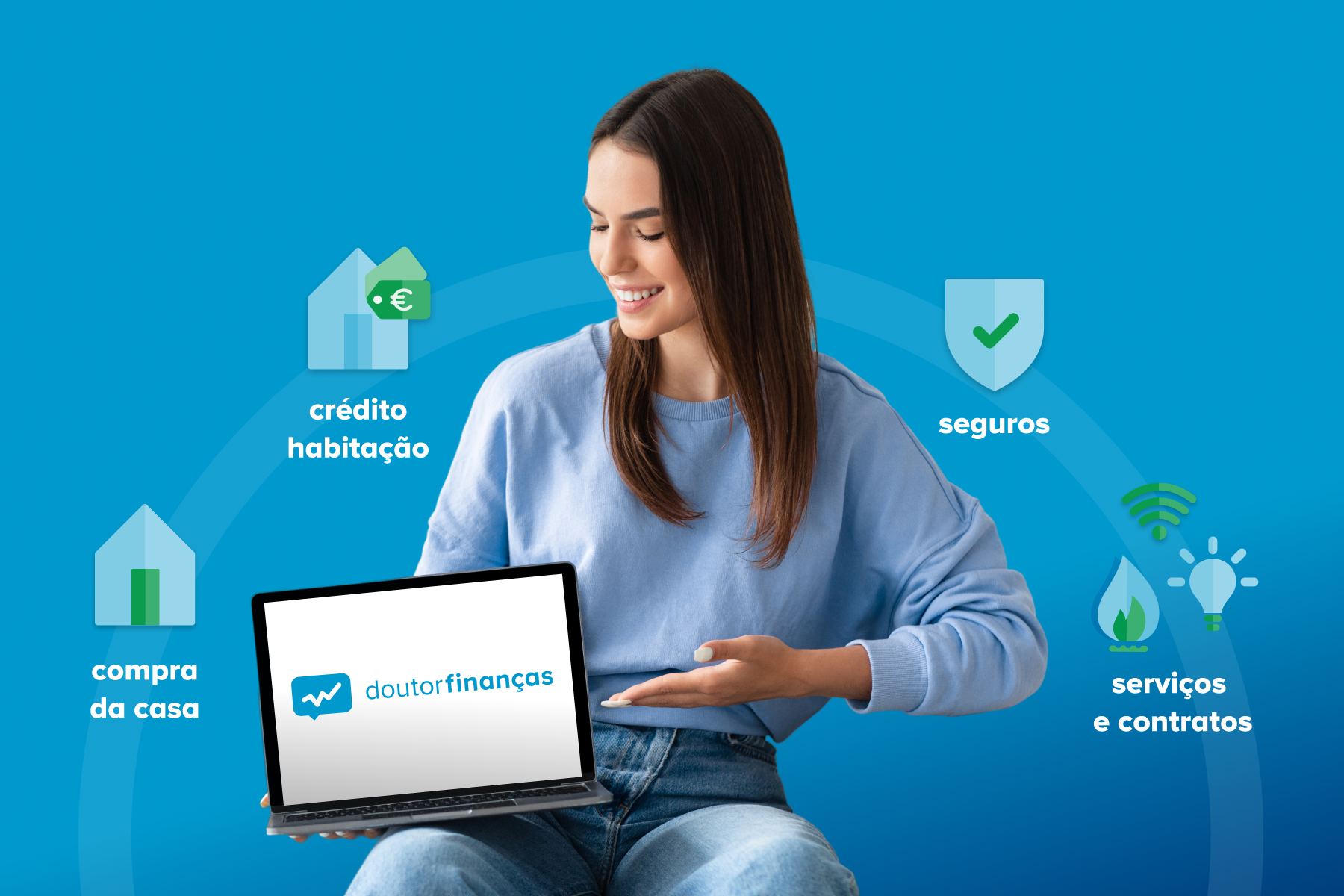 Mulher com computador portátil, com logótipo Doutor Finanças e pictogramas de serviços à volta